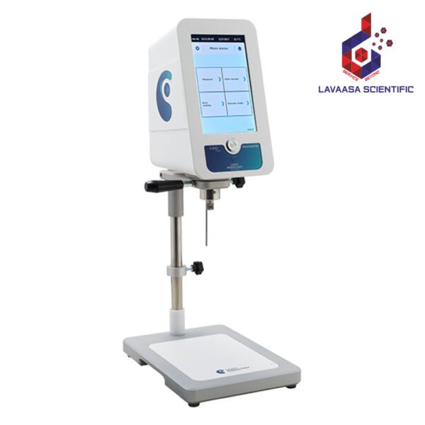 Digital viscometer for measuring fluid viscosity with a user-friendly interface.